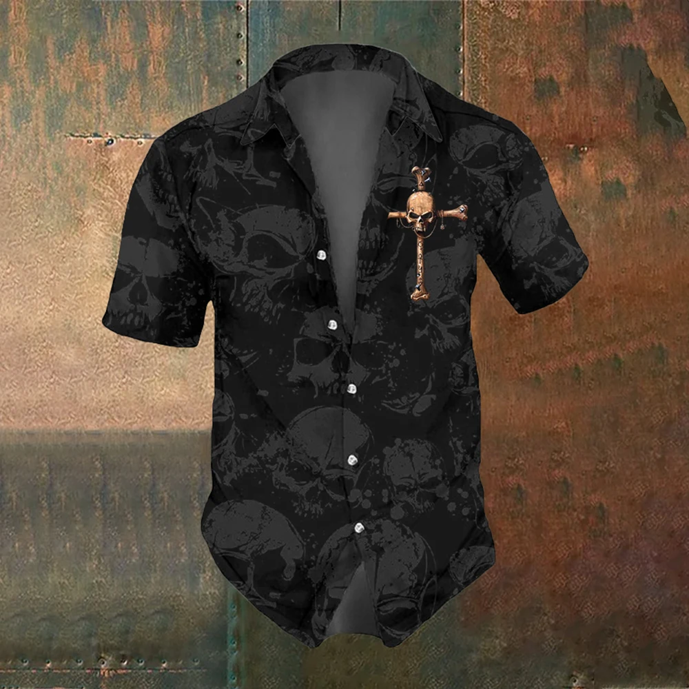 Skull Summer Men's Short Sleeve Shirt Street Fashion Tops Rose Skull Pattern Men's Casual Oversized Shirt 6