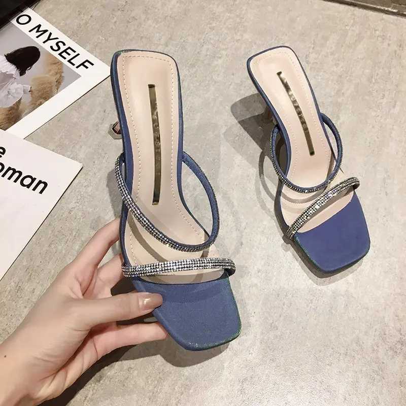 

Slipper Women Rhinestones High Heels Summer Shoes Woman Wedding Fashion Jelly Open Toe Mary Janes Mules Thin Heels Party Shoes