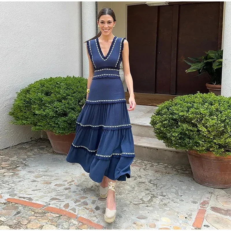 Chic Elegant Tassel Spliced Print Ruffles Long Dress Women Fashion V Neck Sleeveless A-line Robe Chic Lady Holiday Robe