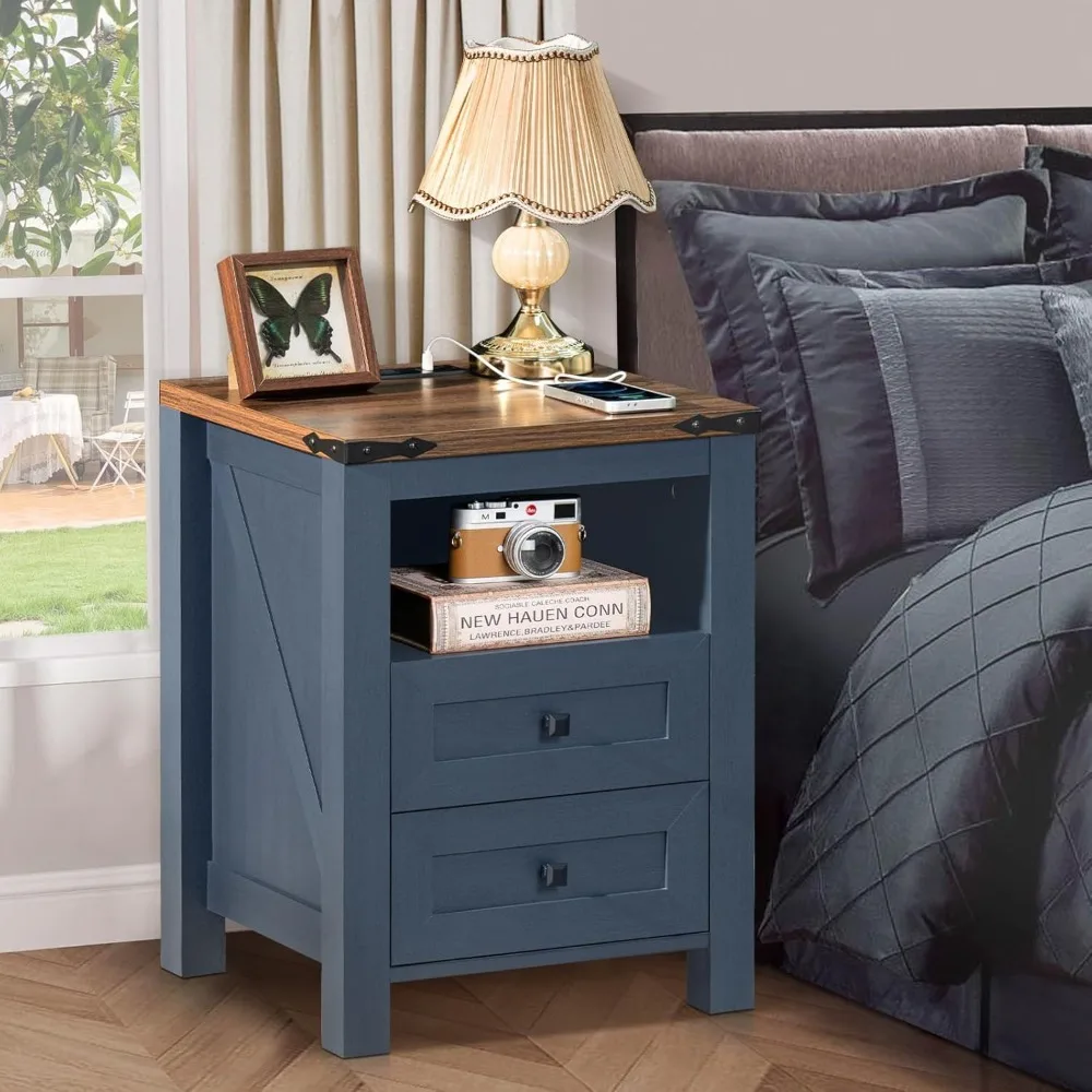 Nightstand with Charging Station, Farmhouse Night Stand with 2 Drawers and Shelf Storage, Blue Wooden Side End Table, Bedside Ca