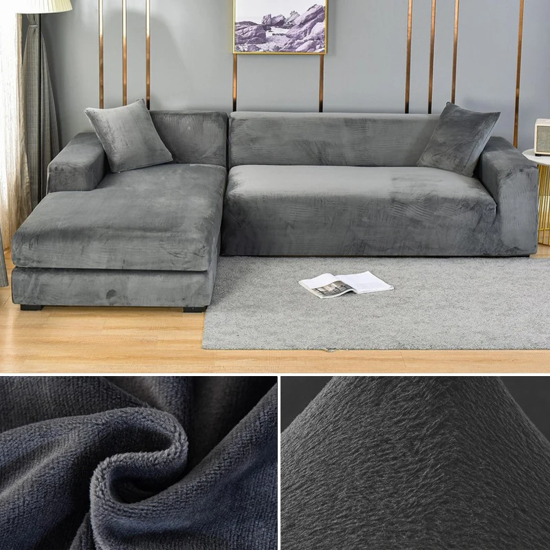 Velvet Sofa Cushion Cover For 2-Seater L-Shaped Couches - Dark Gray, Separated Design-305378