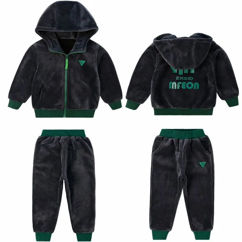 2PCS Kinder Kleidung Set doppelseitige Samt Mode Brief Hoodies Mantel + Hosen Kinder Jungen Trainingsanzug für herbst Winter