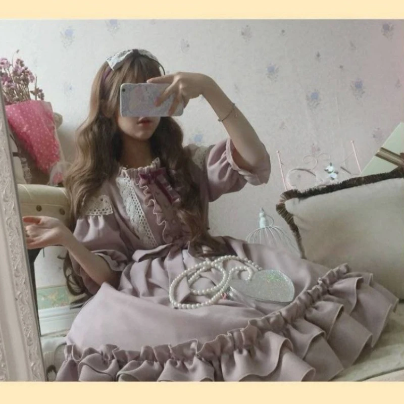 Lolita Dress Skirt Cute Women Flouncing Lace Trim Japanese Harajuku Long Sleeves Doll Dress Fairy Vestidos Carnival Costumes