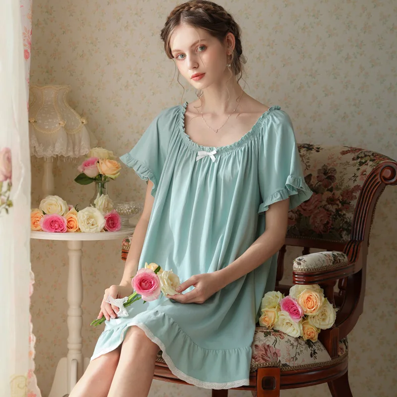 Summer Short Sleeves Round Neck Solid Nightdress Plus Size Cotton Loose Nightie Princess Sweet Bow Decoration Nightgowns Dresses