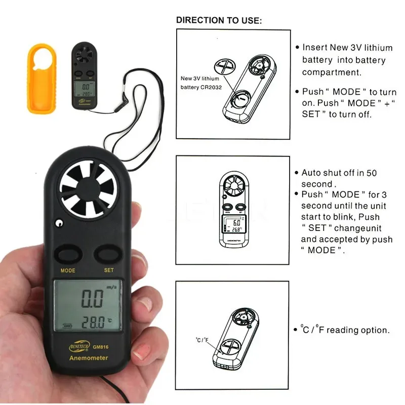 Digital Anemometer GM816 Wind Speed Mini Air Velocity Airflow Temperature with LCD Backlight