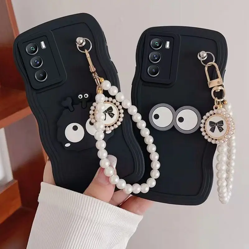 Realme C55 Cute Coal Ball Butterfly Étui de téléphone avec chaîne de poignet pour Reame C17 8i 7i C21Y C25Y C20 C25 C35 C33 C30 Wave Frame Cover_voghion.com