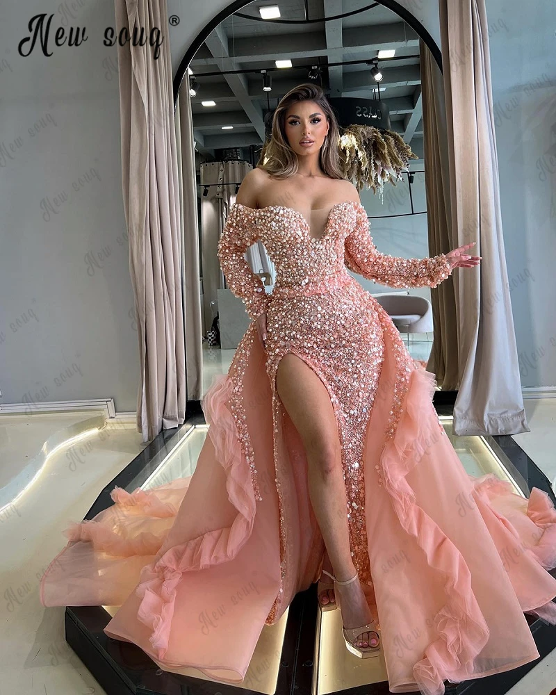 

Beading Sequin Pink Off Shoulder Evening Dress Mermaid Side Slit Detachable Train Formal Prom Gowns Vestidos De Noche Customize