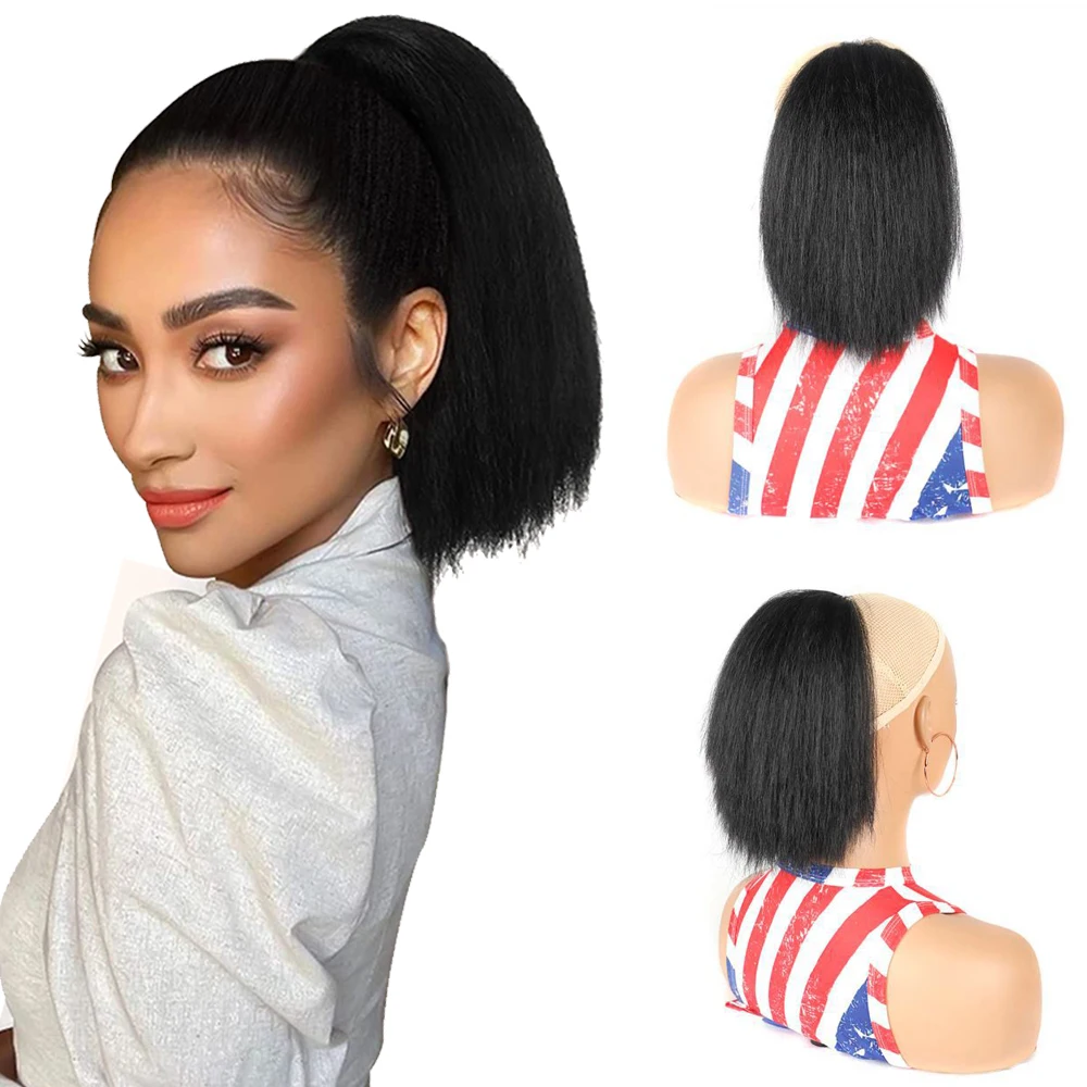 Synthetic Long Kinky Straight Ponytail Extension for Black Women 8Inch Fluffy Thick Yaki Straight Drawstring Ponytail