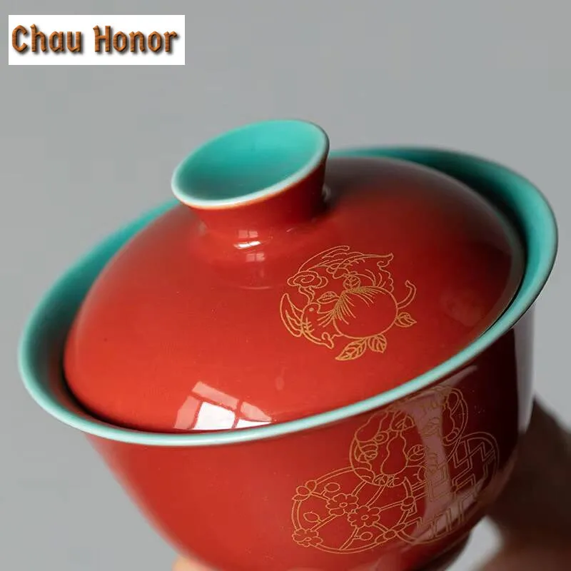 90ml Japanese Style Red Glaze Hot Stamping Hydrangea Ceramic Sancai Covered Bowl Tea Cup Household Kung Fu Teaset Drinkware Gift