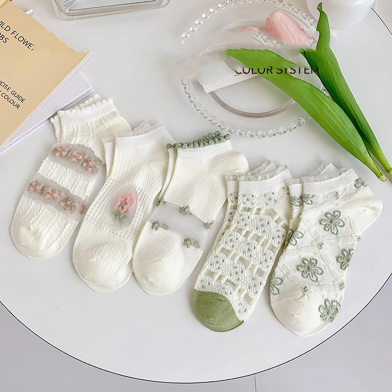 

Стеклянные чулки, детские летние тонкие хлопковые носки, зеленые серии, свежие цветочные носки, милые кружевные чулки, носки-лодочки