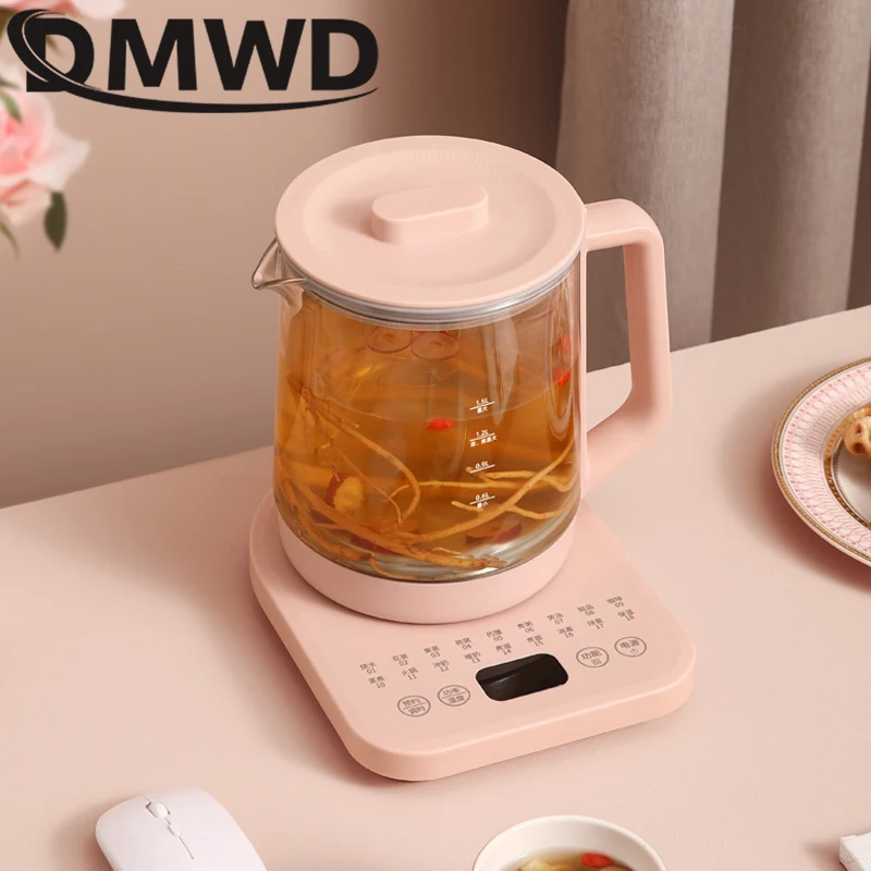 DMWD 1.5L Multifunction Electric Kettle Glass Health Pot Stew Porridge Slow Cooker Heater Hot Water Heating Insulation Kettles