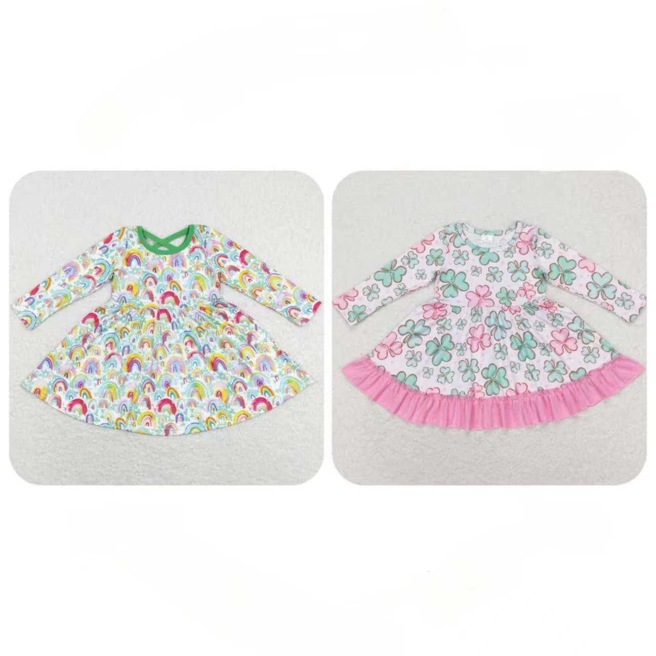 All'Ingrosso Neonata San Patrizio Giorno Twirl Vestito Bambino Maniche Lunghe Lunghezza Al Ginocchio Un Pezzo Bambino Infantile Bambini Volant Abbigli