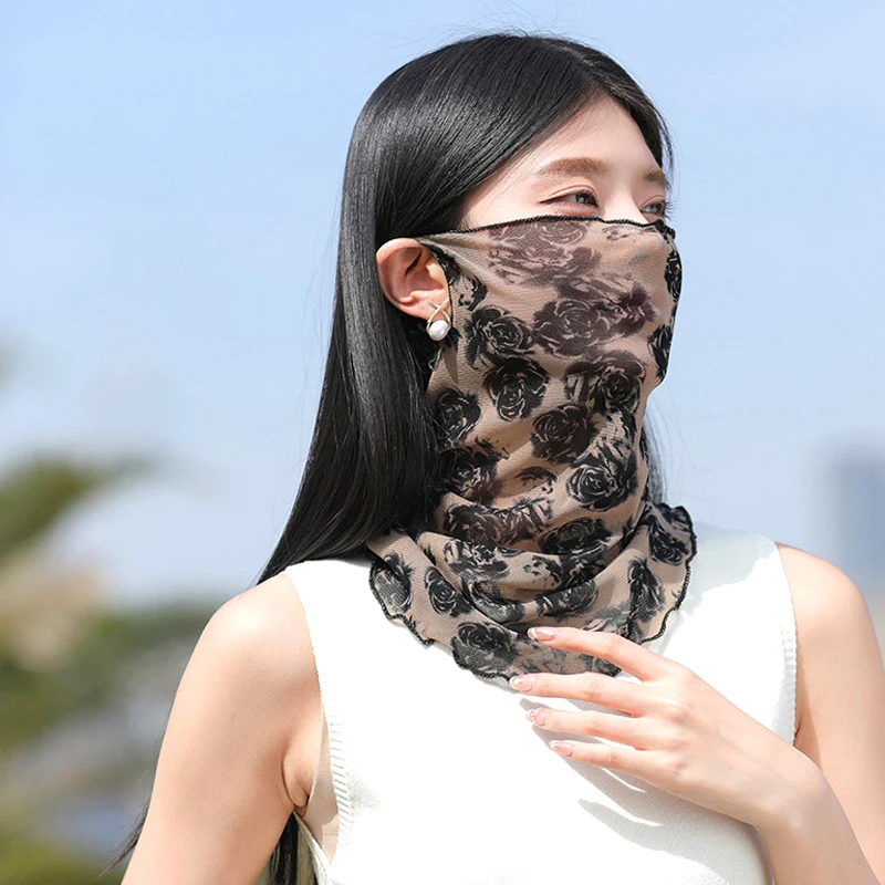 

Summer Face Scarf for Women Sunscreen Ring Neck Scarf Foulard Bandana Floral Print Lady Shawls Head Wraps Cover Mesh Neck Covers