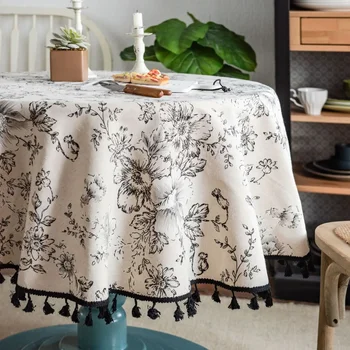 Floral Linen Cotton Tablecloth With Tassel retro nappe de table Table Cover round Dining Table Cover Tea Cloth Desktop decoratio