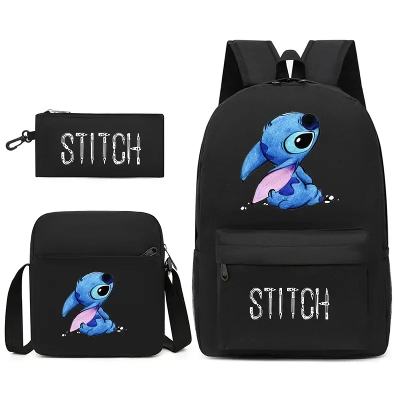 

3PC-SET MINISO Disney Lilo and Stitch Backpack Shoulder Bag Pencil Bag Black Student School Bag Fashion Zipper Shoulders