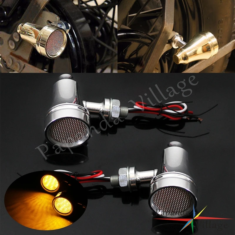 

For Harley Honda Suzuki Yamaha Bobber Chopper Motorcycle Retro Brass LED Turn Signal Light Mesh Grille Indicator Blinker Flasher