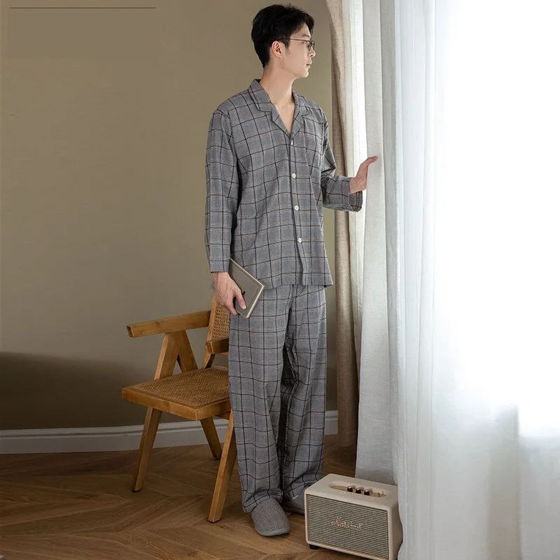

Fashion Autumn Winter Long Sleeve Pants Men's Pajamas Set Cotton Lapel Plaid Casual High Quality Velvet Trousers Suit Clothing