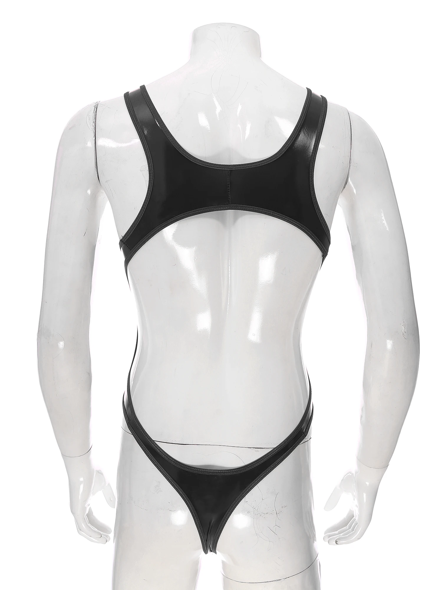 Mens Lingerie Bodysuit Underwear Bulge Pouch Sleeveless Bodysuit Wet Look Patent Leather High Cut U Neck Cutout Back