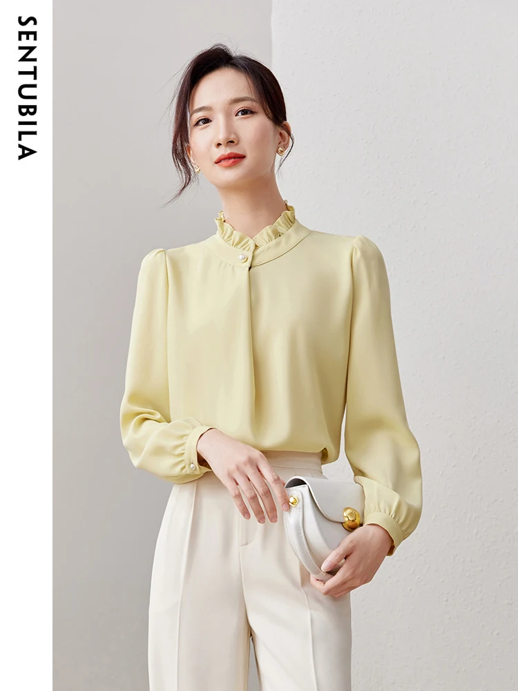

SENTUBILA Autumn Ruffle Neck Chiffon Blouse Women 2023 New Elegant Single Button Breathable Long Sleeve Shirts Tops 133C50449