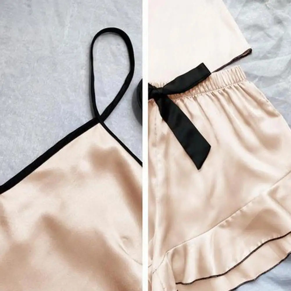 2 Pcs/Set Women Pajamas Set Satin Spaghetti Strap Sleeveless Backless V Neck Top Elastic Waist Ruffle Pleated Bow Decor Shorts women pajamas set women pajama suit