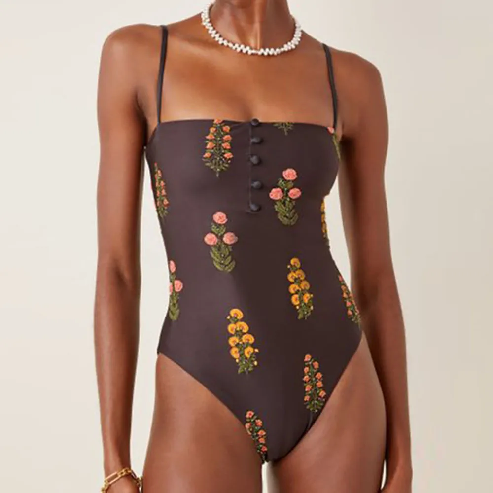 

2023 Women's swimwear Fashion Dark floral print one-piece square collar halter slim-fit dress print Bikini beach swimsuit　