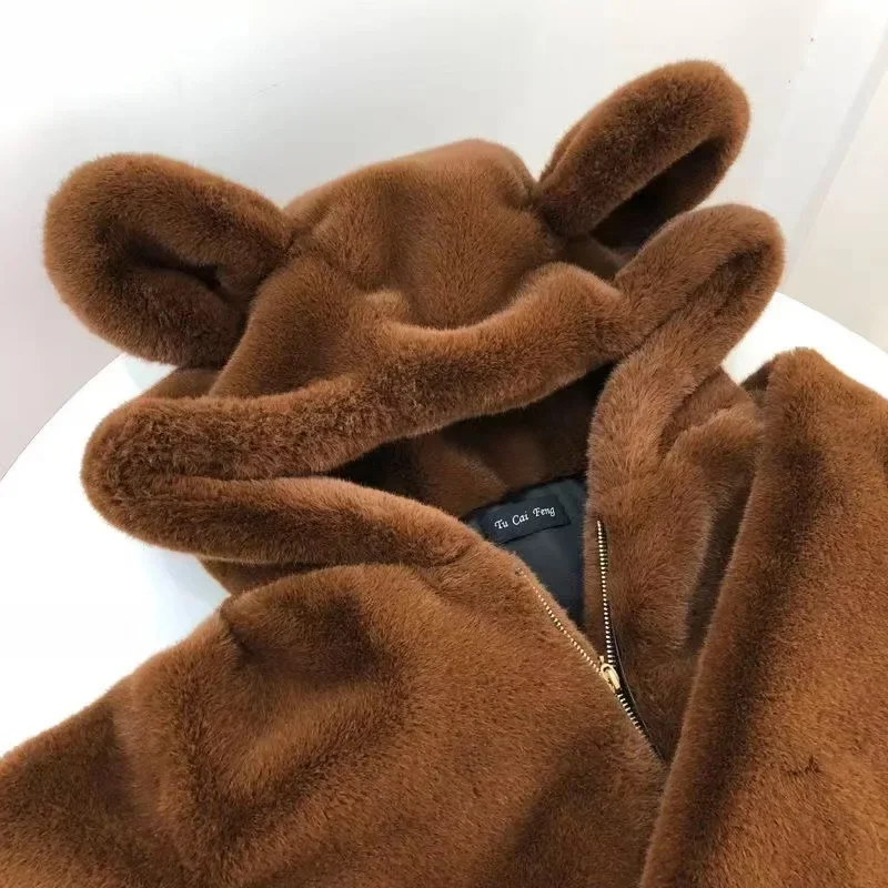Winter New Hat Hooded Thickened Plush Medium Length Jacket Women Cute Bear Ears Loose Fit Coat Warm Comfortable Female Outerwear - Image 4