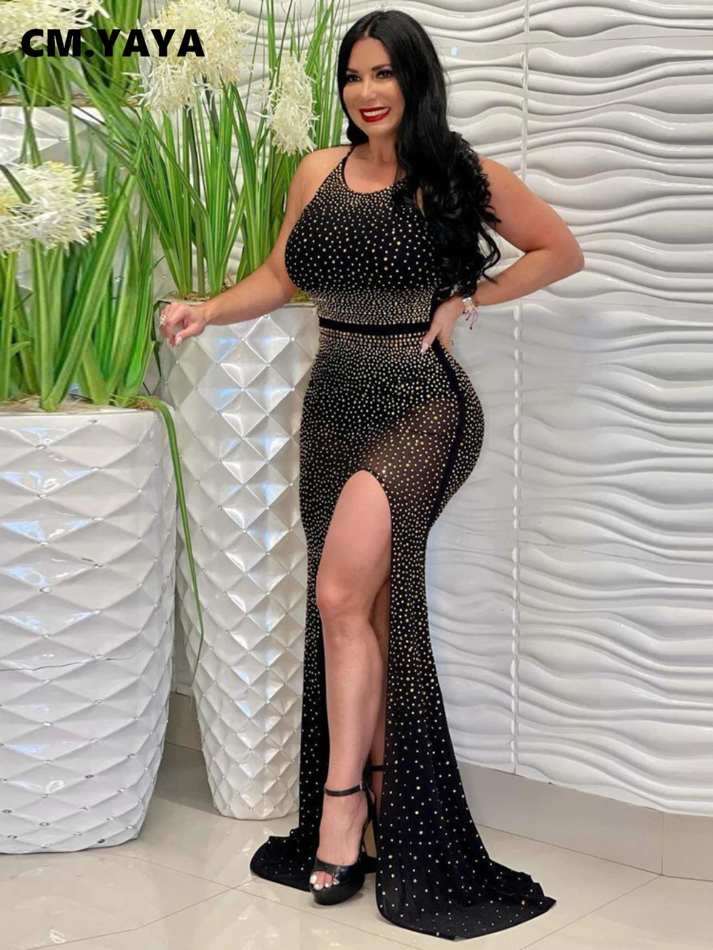 CM.YAYA Women Full Sleeve Diamonds Mesh Rhinestones High Side Split Mermaid Maxi Long Dress Evening Sexy Party Dresses Vestidos