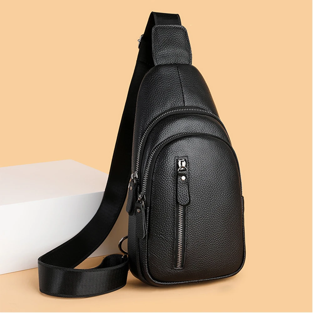 Men Leather Sling Bag with Adjustable Shoulder Strap Cross Body Pack Sling Backpack Chest Daypack for Hiking Cycling Traveling
