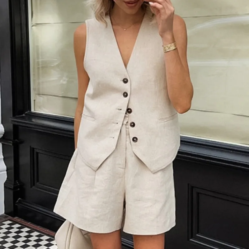 Commuting Women's Khaki Cotton Linen Sleeveless Vest & Shorts Set Women Casual Outfits Y2K 2024 Summer New Fashion Two Piece Set