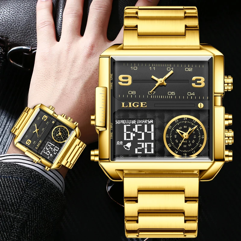 LIGE Top Brand Luxury Fashion Men Watches Gold Steel Sport Square Digital Analog Big Quartz Watch for Man Relogio Masculino+BOX