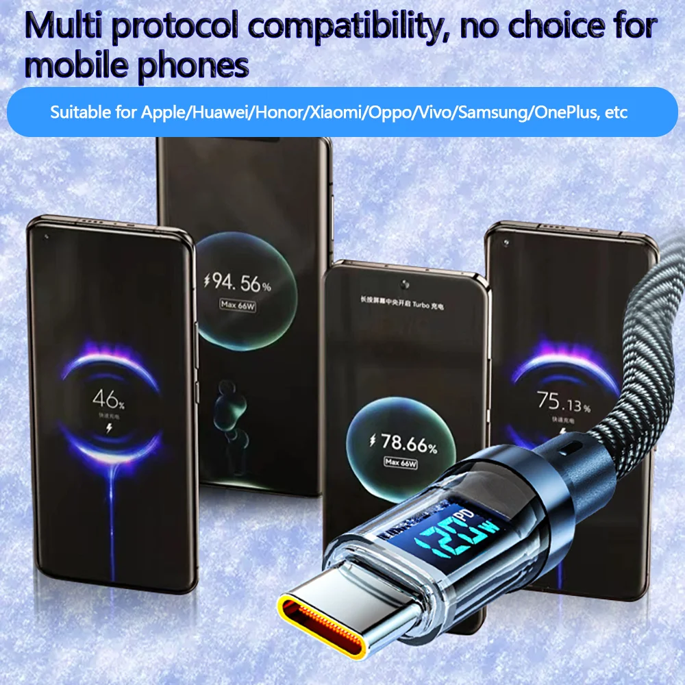 120W USB-C 타입 케이블, 초고속 충전 케이블, 100W 타입-C to 타입-C 데이터 케이블 (LED 디스플레이 포함), 화웨이, 오포, 비보용 ?