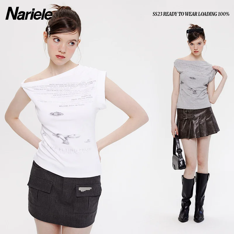 

Befree Spicy Girls' Irregular Oblique Shoulder Design T-shirt Heart Women's Short Open Navel Fashion Sexy Sleeveless Top