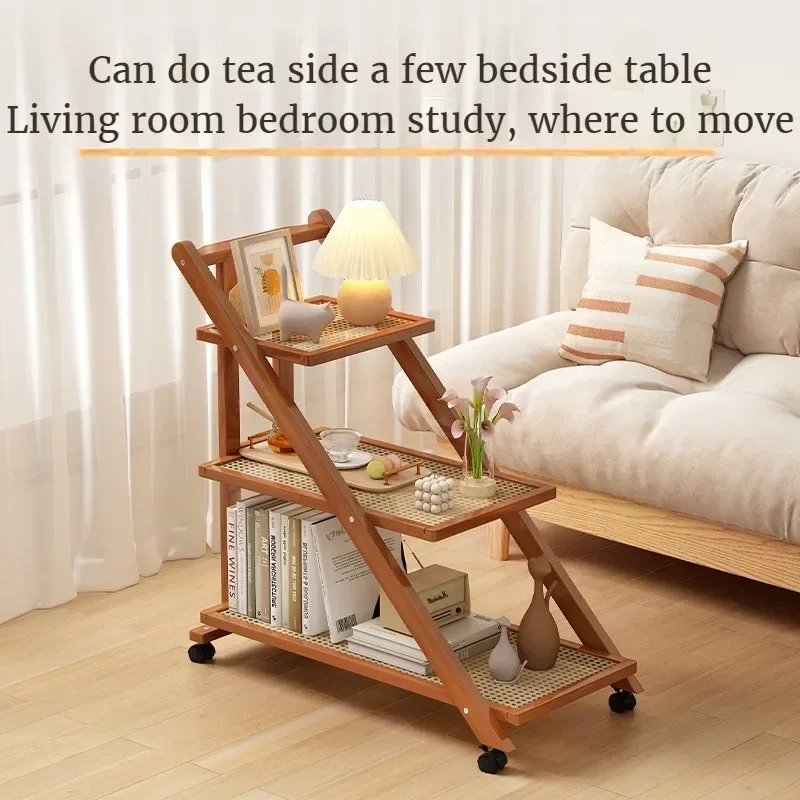 End Table with 3-Tier Storage Shelves Adjustable End Table with Wheels Rolling Bedside Wheels for Living Room Bedroom