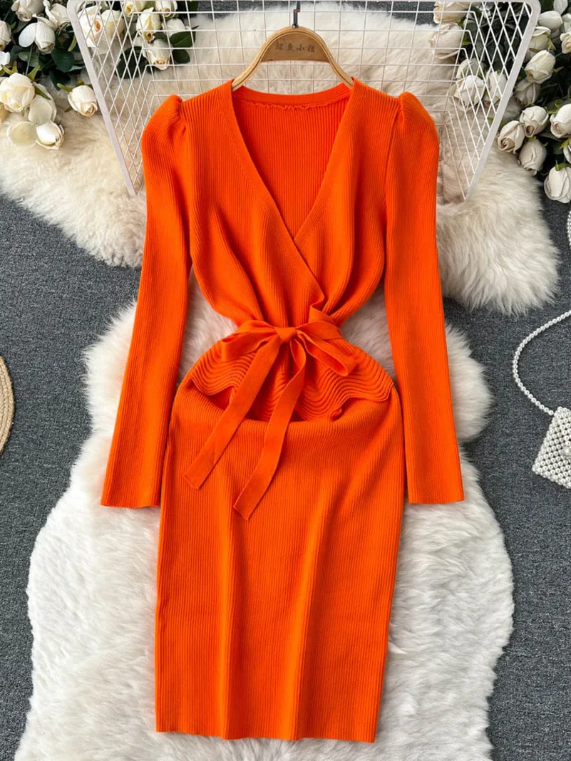

ssTss Casual Women Sweater Dress 2024 Spring Autumn Knit Dress Sexy V-Neck Long Sleeve Sash Bow-Tied Slim Elastic Short Dress