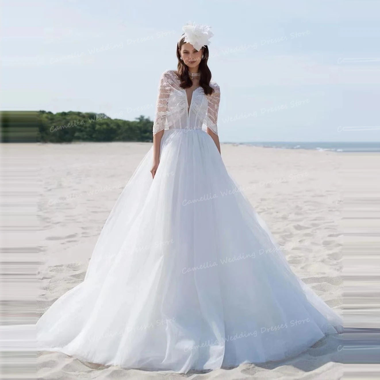 

Elegant V Neck Wedding Dresses Woman's A Line Sexy Lace Fluffy Tulle Bridal Gowns Half Sleeves Princess Formal Robe De Mariée