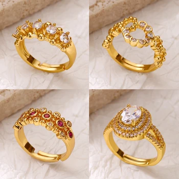 Vintage Luxury Zircon Round Rings for Women Gold Color Geometric Open Adjustable Ring Aesthetic Wedding Fashion Jewelry Gift