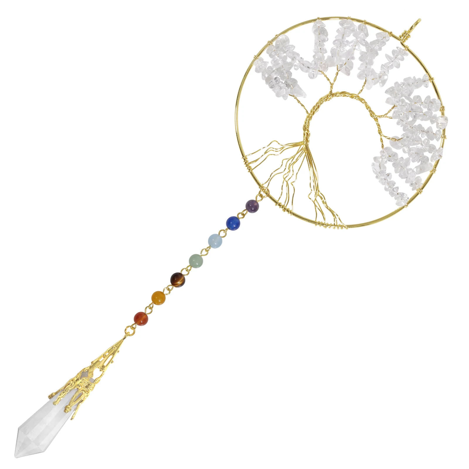 Natural Rose Quartz Tree of Life With 7 Chakra Crystal Point Stone Pendulum Pendant Hanging Ornament For Home Decoration