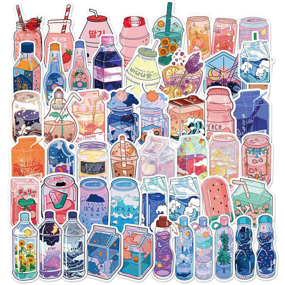 10/30/50PCS INS Style Cute Drink Aesthetic Stickers Cartoon Decals Diary Scrapbook Laptop Phone Graffiti Sticker for Girls Kids Cartoon Stickers Diary Stickers Kawaii Stickers Decorative Stickers Graffiti Stickers