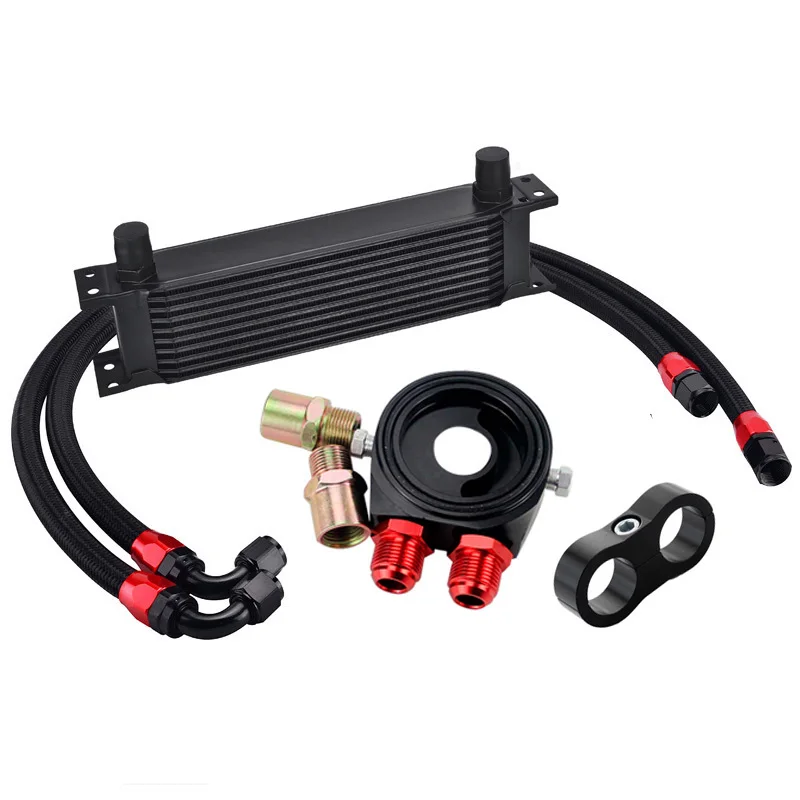 AN10 Universal 10 Rows Oil Cooler Kit Oil Filter Sandwich Adapter Staingless Steel Braided AN10 Hose Line Separator oil cooler kit