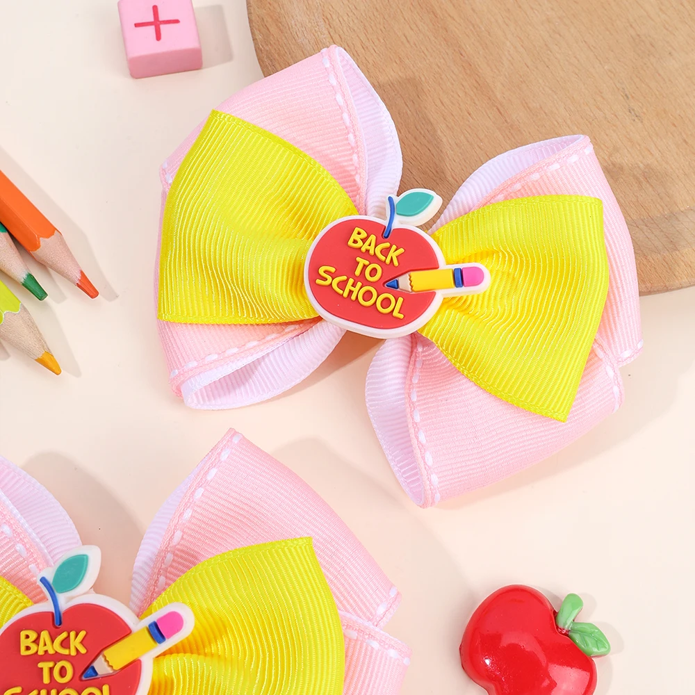 2Pcs Back To School Hair Clips Cute Sweet Pencil Apple Alphabet Bow Hairpins Ribbon Barrette For Girls Kids Headwear Accessories
