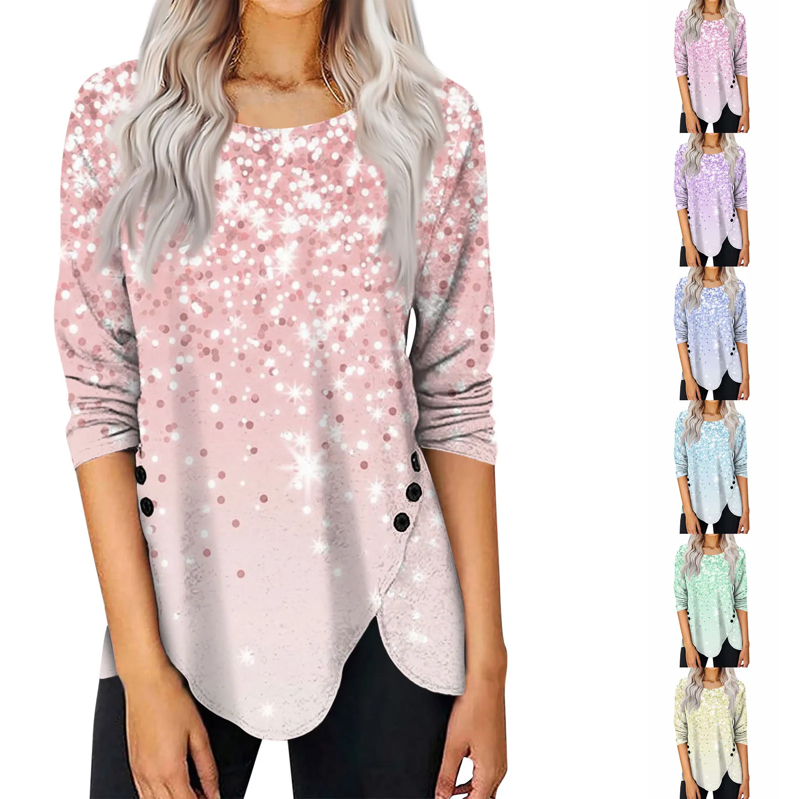 

Женская Повседневная рубашка с длинным рукавом и блестками, с круглым вырезом и боковыми пуговицами