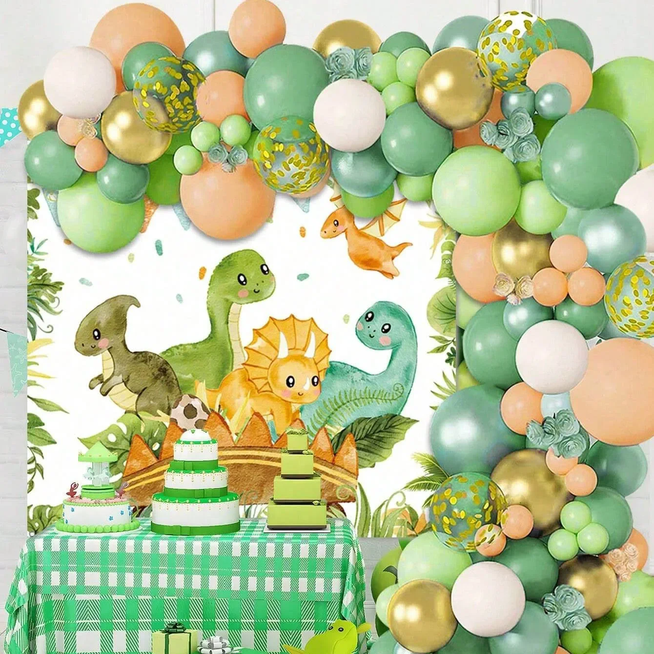 Dinosaurier-Ballon-Set, Bogen für Kindergeburtstag, Dino-Mottoparty, Folienballons, Lametta, Vorhang, Quaste, Hintergrunddekoration
