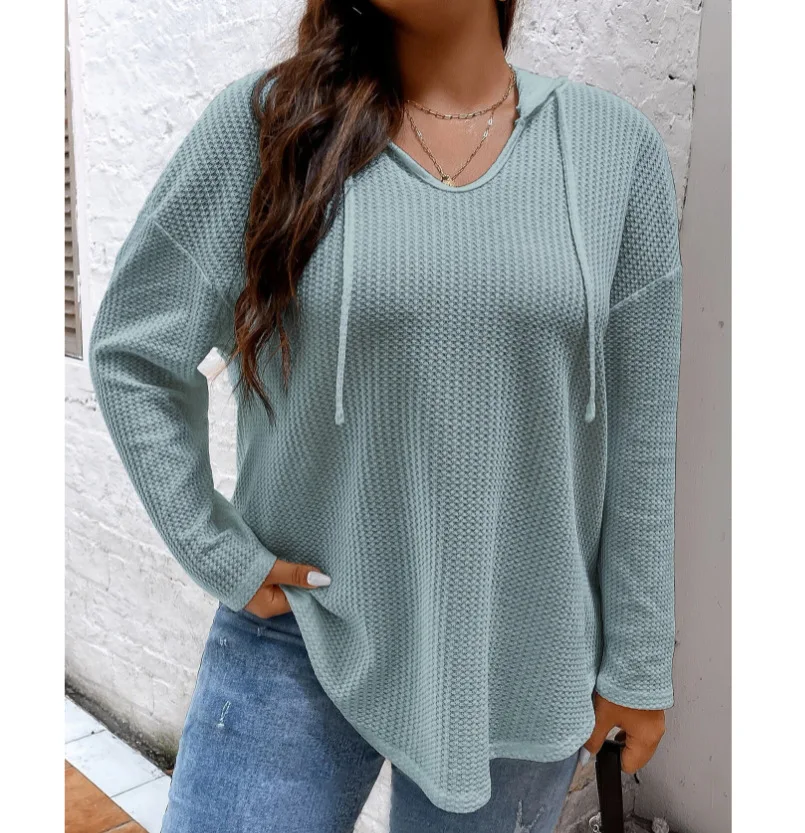 

Women's Casual Loose Knitted Sweater 2023 Autumn New Waffle Solid Elegant Drawstring Adjustable Shoulder Drop Hoodie