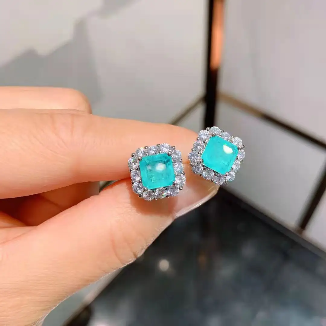 FFGems Brazilian Paraiba Emerald Tourmaline Necklace Created Gemstone Square for Women Fine Jewelry Pendant Party Wedding Gift pendant necklace