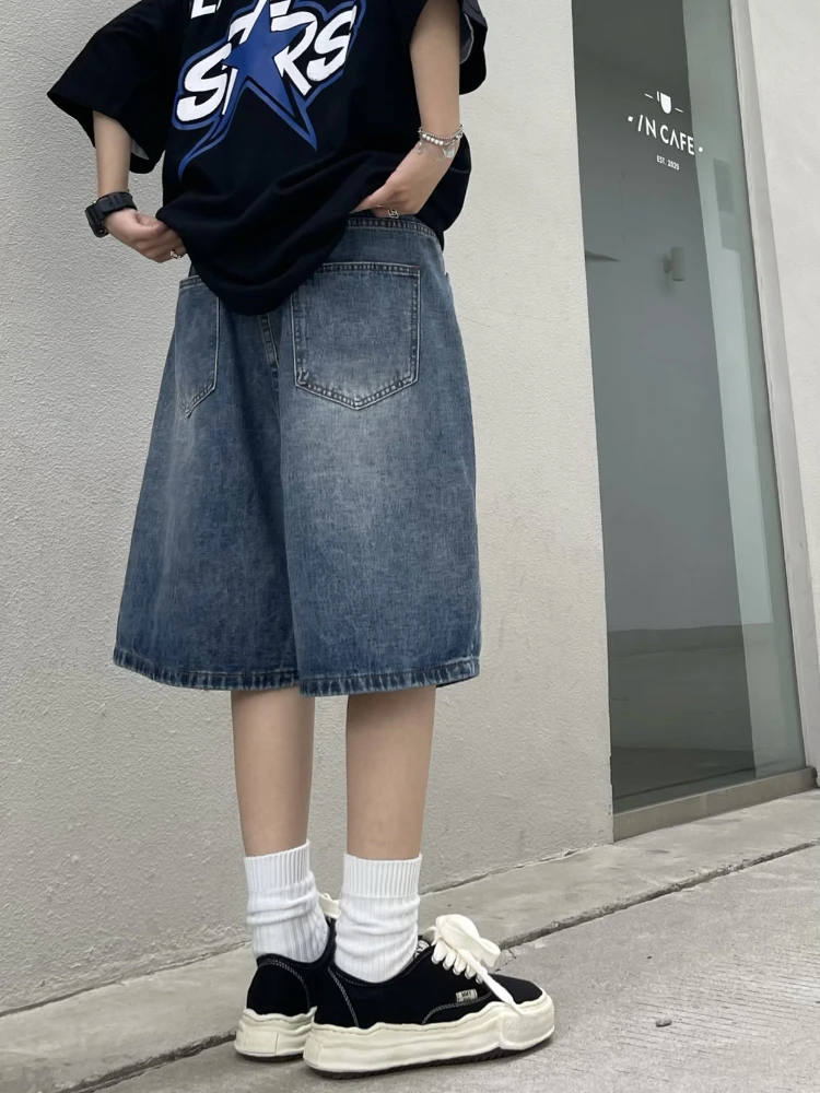 QWEEK 여성용 헐렁한 Jorts 빈티지 와이드 레그 5 포인트 청바지, 미국 스트리트웨어, 캐주얼 워싱 오버사이즈 여름 데님 반바지, Y2K