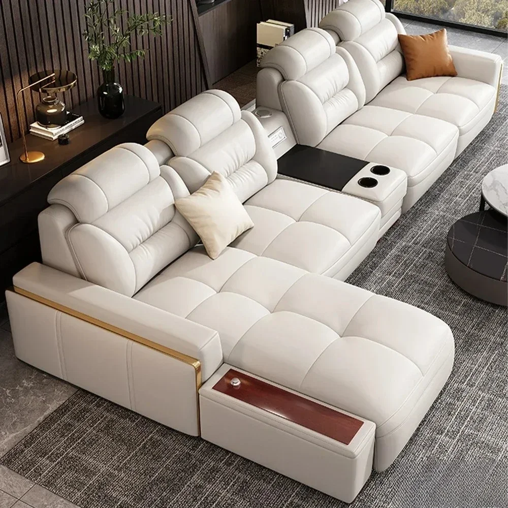 Premium Italian Genuine Leather Sectional Sofa Sets Couch Sofas with USB and Bluetooth Speaker-MANBAS Living Room Furniture