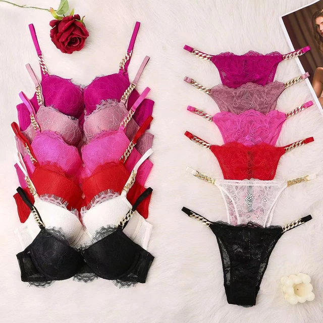 Brand Design Rhinestone VS Bra And Panty Set Sexy Lace Women Thong Gather  Lingerie Comfort Seamless Push Up Pink Underwear Suit - AliExpress