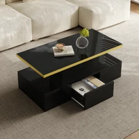 Table basse avec tiroir et LED, double plateau, compacte, pour le salon, espace de rangement discret, en aggloméré - Noir 4