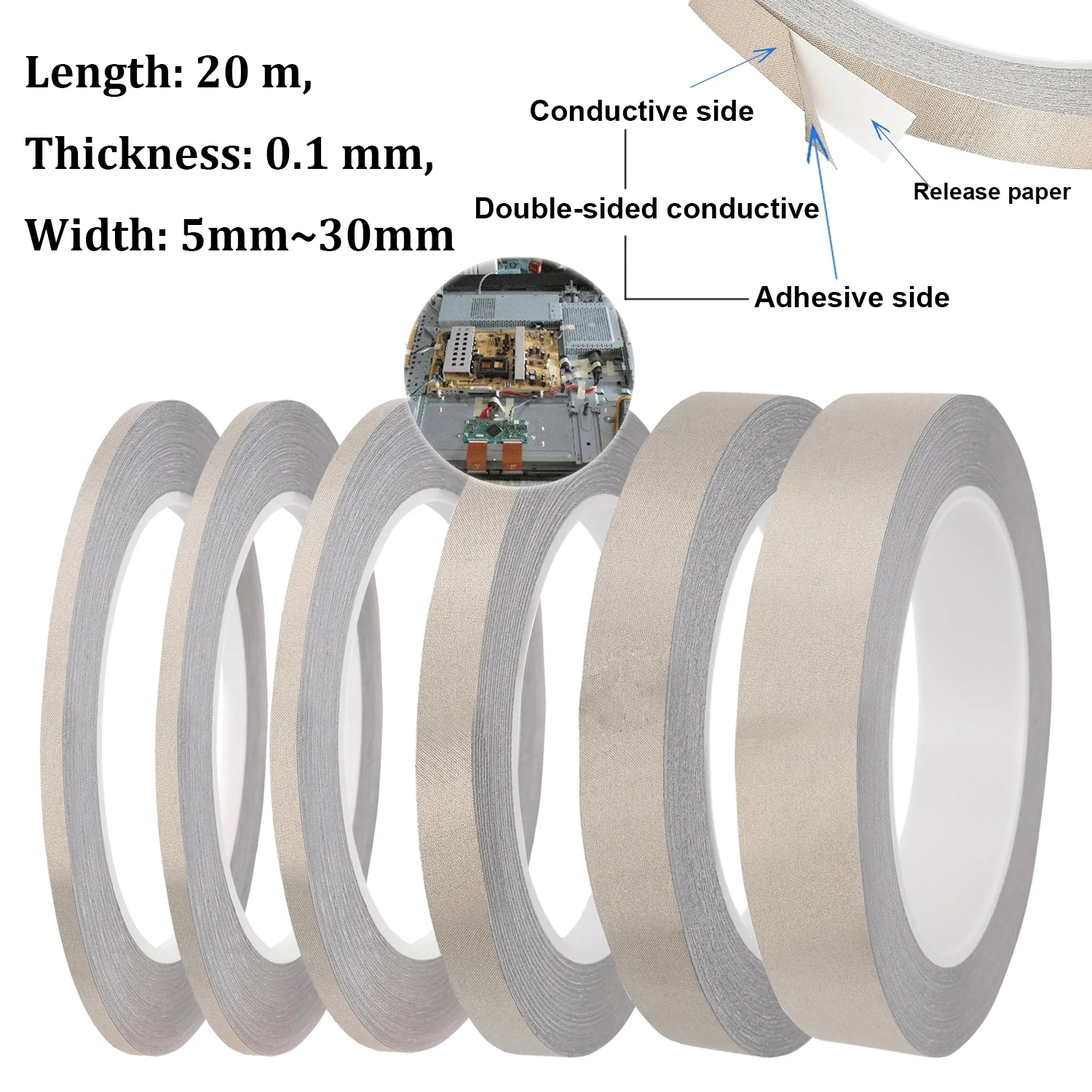 เทปผ้านำไฟฟ้าสองด้านยาว 20 เมตร เทปผ้าป้องกันแม่เหล็กไฟฟ้าแบบกาวด้านเดียว ความหนา 0.1 มม. 1