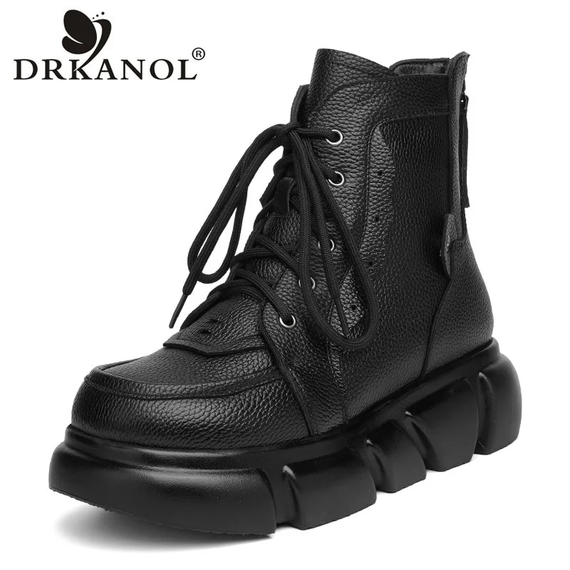 

DRKANOL Women Winter Wool Warm Snow Boots Real Cowhide Wedges Heel Chunky Platform Shearling Ankle Boots For Women Cotton Shoes